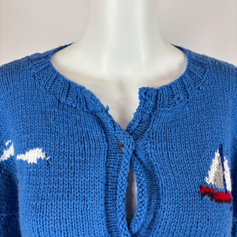 Vintage Lighthouse Cardigan Women's 2X Blue Novelty Nautical Sailboats Handmade - Picture 10 of 12